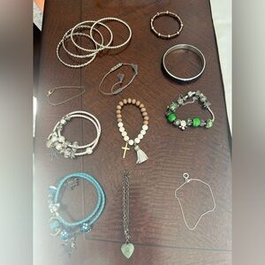 Lot 14 Bracelets Leather Charms Jade Leather Bangles Chains Silver Gold Tone